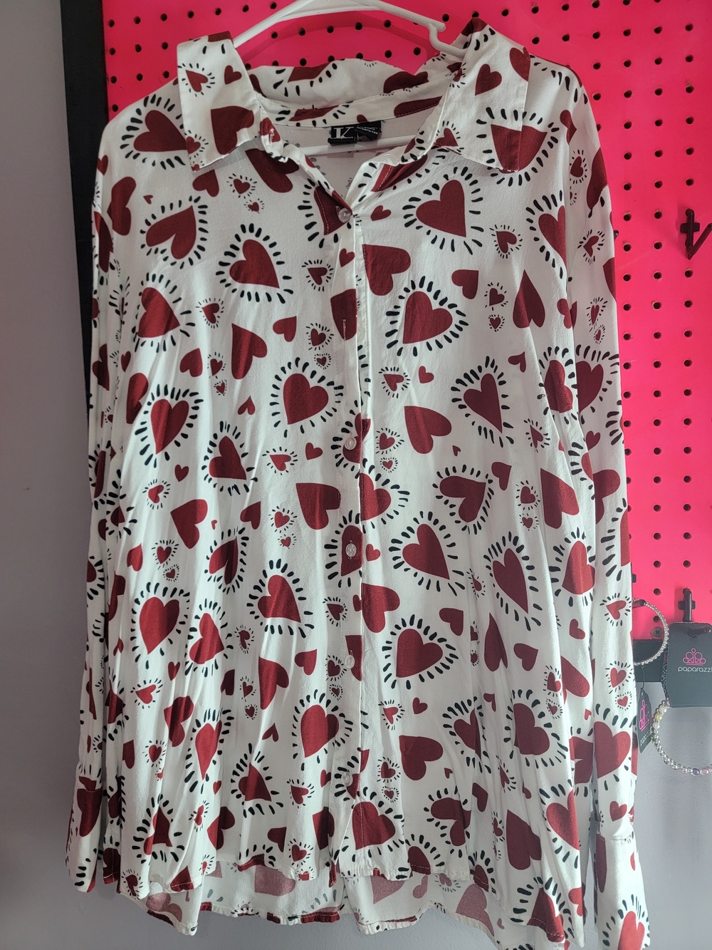 Heart Print Long Sleeve Button-Up Top - White/Red